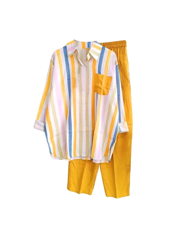 Womens 2 Piece Outfits Casual Stripes Long Sleeve Button down Shirts and Wide Leg Pants Matching Sets Tracksuits Yellow