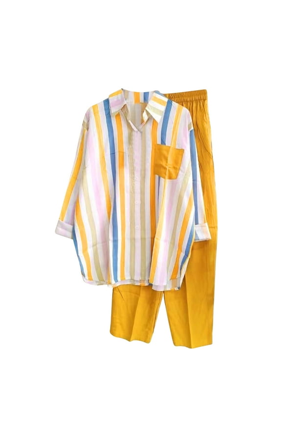 Womens 2 Piece Outfits Casual Stripes Long Sleeve Button down Shirts and Wide Leg Pants Matching Sets Tracksuits Yellow