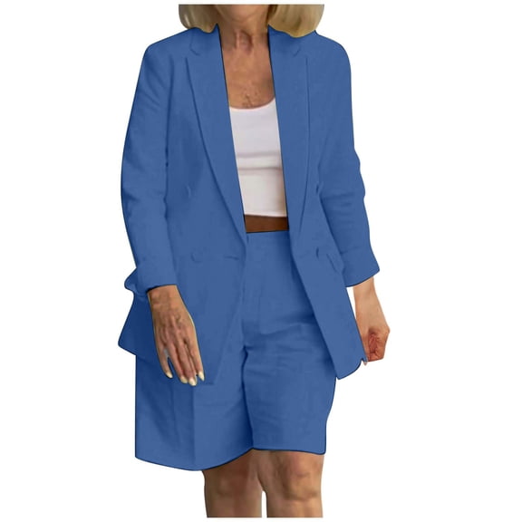 Womens 2 Piece Outfits Casual Summer Blazer Shorts Set Long Sleeve Double Breasted Business Suit Jackets Pockets