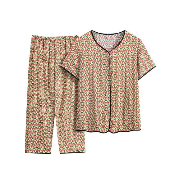 Womens 2 Piece Outfits Casual Summer Print Pajamas Button Down Sets Loose Short Sleeve Sleepwear Pants Loungewear (Khaki XL)