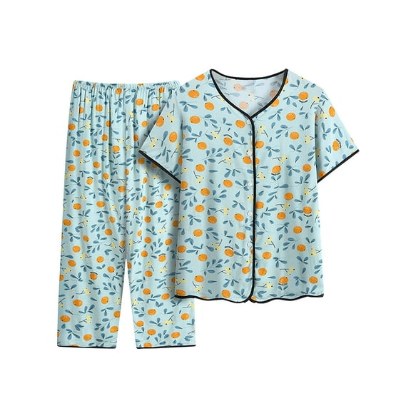 Womens 2 Piece Outfits Casual Summer Print Pajamas Button Down Sets Loose Short Sleeve Sleepwear Pants Loungewear (Mint Green XL)