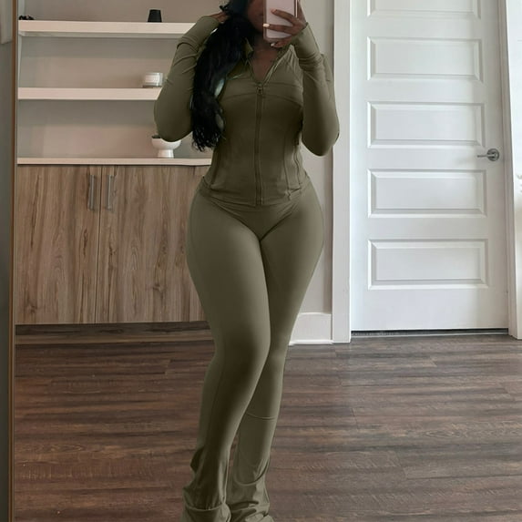 Womens 2 Piece Outfits Casual Sweatsuit Set Long Sleeve Zipper Crop Jacket Long Flare Pants Tracksuits Workout Set New Loungewear Sets for Women 2 Piece Army Green S