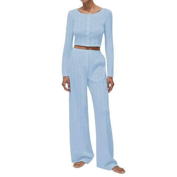 Womens 2 Piece Outfits Crewneck Long Sleeve Tops Wide Leg Long Pants Casual Lounge Set Tracksuit Blue L