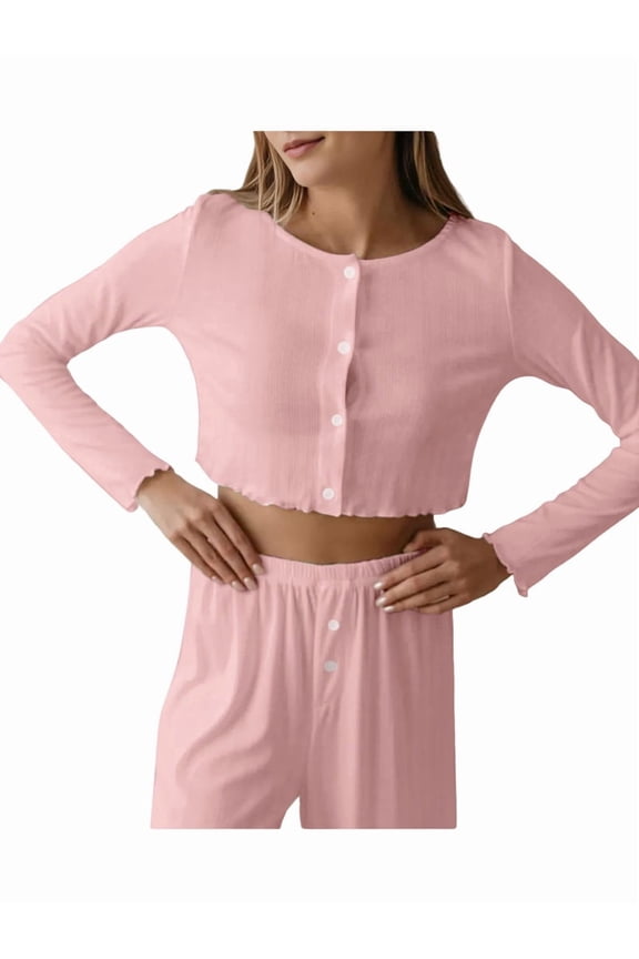 Womens 2 Piece Outfits Crewneck Long Sleeve Tops Wide Leg Long Pants Casual Lounge Set Tracksuit Pink S