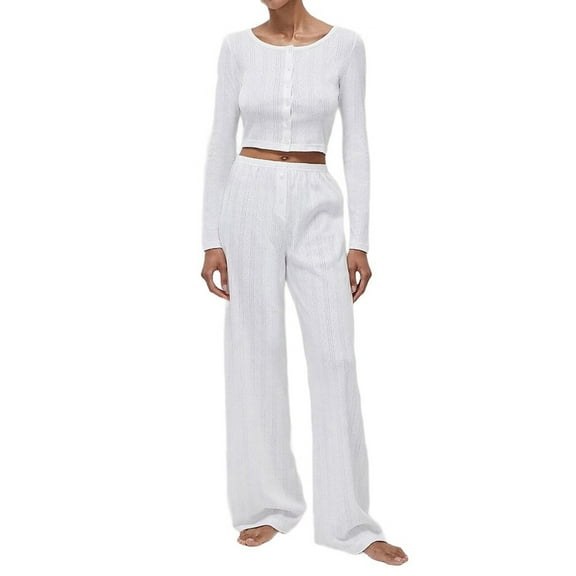 Womens 2 Piece Outfits Crewneck Long Sleeve Tops Wide Leg Long Pants Casual Lounge Set Tracksuit White M