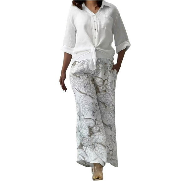 Womens 2 Piece Outfits Dressy Casual Long Sleeve Collared Shirt and Wide Leg Trouser Pant Loose Sets with Prints (L, White)