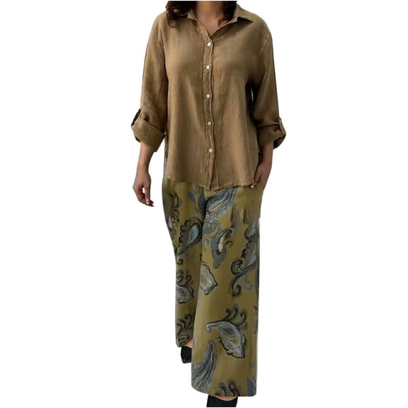 Womens 2 Piece Outfits Dressy Casual Long Sleeve Collared Shirt and Wide Leg Trouser Pant Loose Sets with Prints (XL, Khaki)