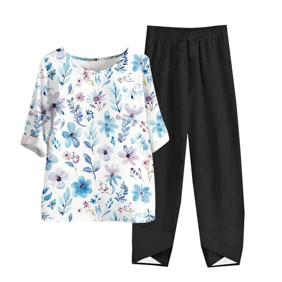 Womens 2 Piece Outfits Fall Fall Pants Sets Women 2 Piece Outfits Women's Casual Round Neck 5/4 Sleeve Top And Pants Digital Printing Two-piece Set My Items