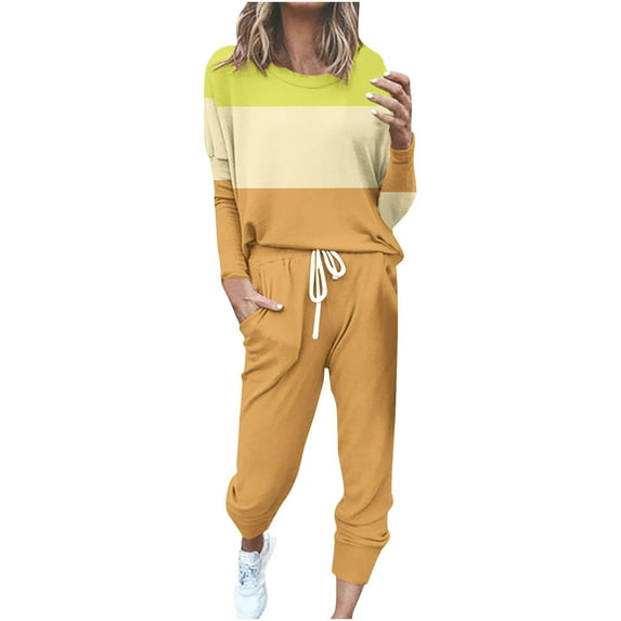 Womens 2 Piece Outfits Fall Petite Linen Outfits Women 2 Piece Plus Women'S Round Neck Long Sleeve Top + Pants Color Blocking Home Sports Casual Yoga Suit