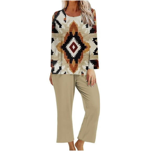 Womens 2 Piece Outfits Fall Petite Two Piece Pants Outfits for Women Women Fashion Fashion Printed Round Neck Long Sleeve+Pants Set Get it Fast