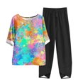 thumbnail image 1 of Womens 2 Piece Outfits Fall Plus Size Linen Two Piece Set Women Fall Women's Casual Round Neck 5/4 Sleeve Top And Pants Digital Printing Two-piece Set, 1 of 5