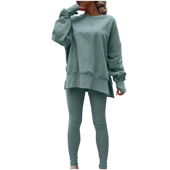 Womens 2 Piece Outfits Fall Plus Size, Women's Fashionable Solid Color Casual Long Sleeved Round Neck Hoodie Tops Stripe Pants Set New Women's Comfort Airport Travel Outfits Mint Green L