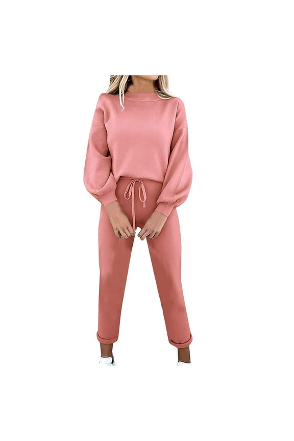 Womens 2 Piece Outfits Fall Vacation Womens Two Piece Outfits Fall Pants Women's Solid Color Round-Neck Long Sleeve Elastic Waist Pockets Long Pants Sets