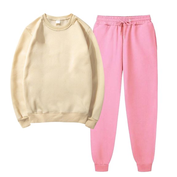 Womens 2 Piece Outfits Fashion Casual Solid Round Neck Long Sleeve Pullover Sports Winter Khaki Sweatsuit Workout Set S-3XL