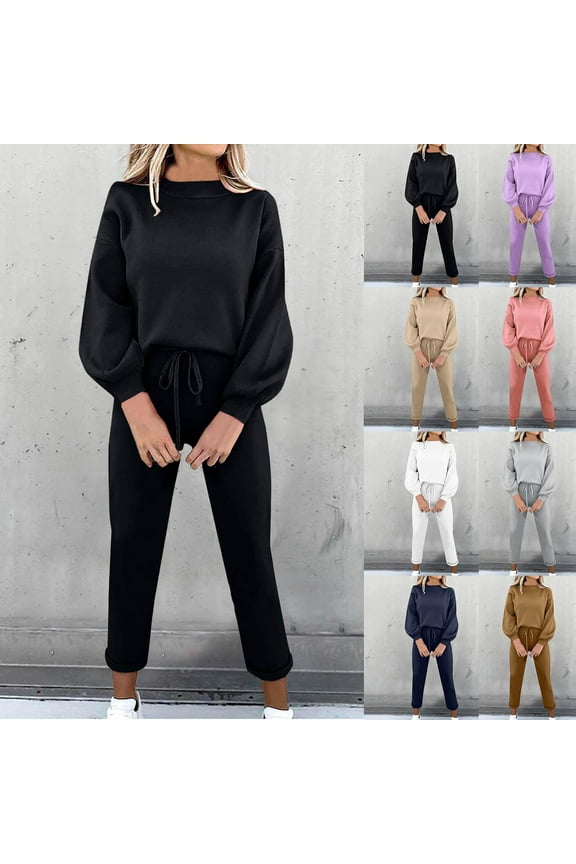Womens 2 Piece Outfits Fashion Long Sleeve Solid Color Round-Neck Elastic Waist Pockets Winter Black Sweatsuit Workout Set XS-2XL
