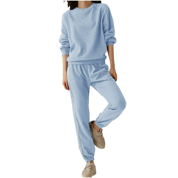 Womens 2 Piece Outfits Fashion Solid Color Casual Sports Hoodie Long Sleeve Crewneck Winter Light Blue Sweatsuit Workout Set ( 2XL )