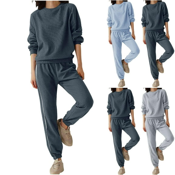 Womens 2 Piece Outfits Fashion Solid Color Casual Sports Hoodie Long Sleeve Crewneck Winter Navy Sweatsuit Workout Set M-4XL