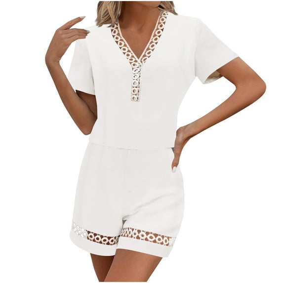 Womens 2 Piece Outfits Hollow Out Summer Sets Eyelets V Neck Short Sleeve Tops and Shorts Lounge Matching Set