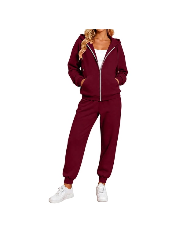 Womens 2 Piece Outfits Hooded Zip Up Jacket Baggy Jogger Pants Casual Tracksuit Workout Matching Sets Travel Athleisure Clothes
