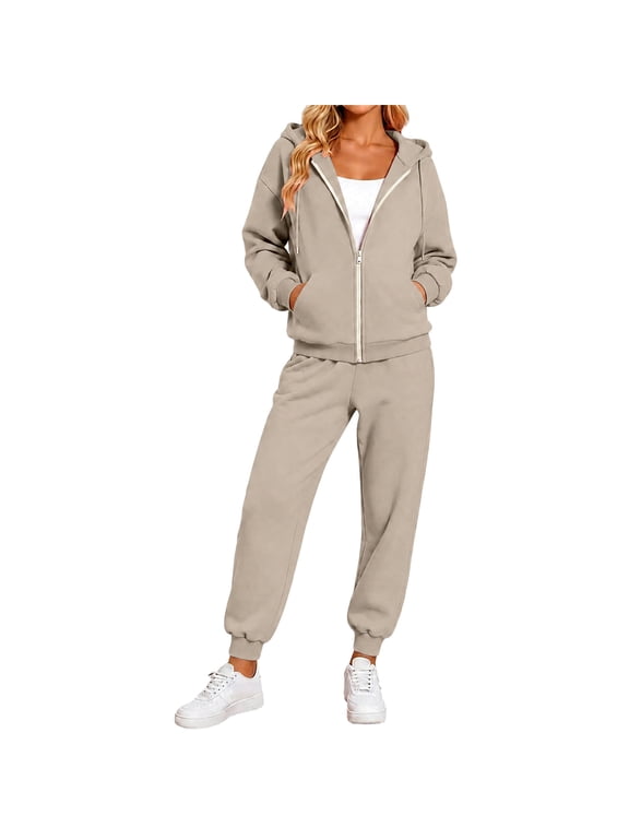 Womens 2 Piece Outfits Hooded Zip Up Jacket Baggy Jogger Pants Casual Tracksuit Workout Matching Sets Travel Athleisure Clothes