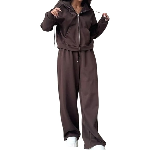 Womens 2 Piece Outfits Hoodie Zipper Sweatshirt Wide Leg Pants Matching Tracksuit Sets Brown S