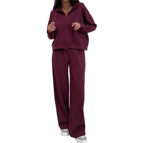 Womens 2 Piece Outfits Hoodie Zipper Sweatshirt Wide Leg Pants Matching Tracksuit Sets Wine Red L