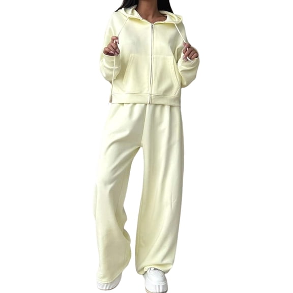 Womens 2 Piece Outfits Hoodie Zipper Sweatshirt Wide Leg Pants Matching Tracksuit Sets Yellow XL