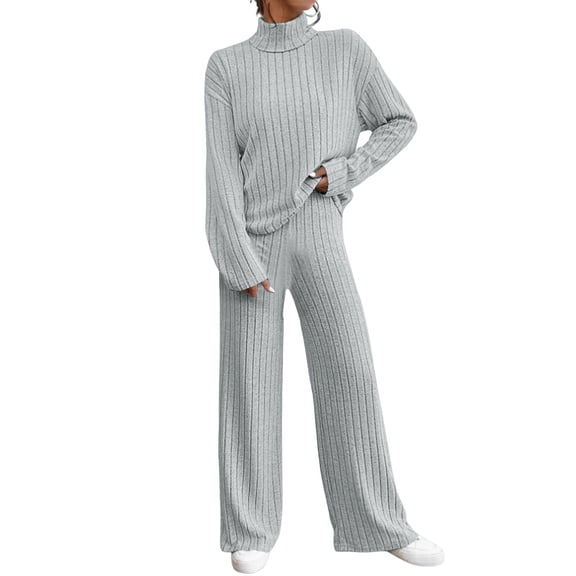 Womens 2 Piece Outfits Knit Long Sleeve Long Pants Wide Leggings Sets Casual High Neck Sewatshirt Loose Loungewear,Winter Sweatshirts,Size:XXL