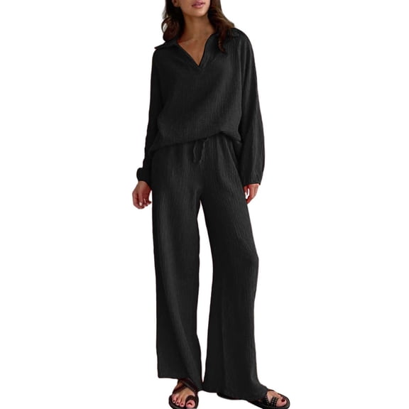 Womens 2 Piece Outfits Knit Long Sleeve Long Pants Wide Leggings With Pockets Sets Casual V Neck Shirt Loose Loungewear,Winter Sweatshirts,Size:L