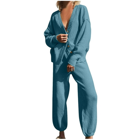 Womens 2 Piece Outfits Knit Sweater Sets Oversized Button Down Cardigan Pants Loungewear Solid Color Lounge Suit (Blue L)