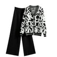 thumbnail image 1 of Womens 2 Piece Outfits Knit Sweater Sets Oversized Button Down Cardigan Wide Leg Pants Loungwear Print Tops Lounge Suits (Black L), 1 of 6