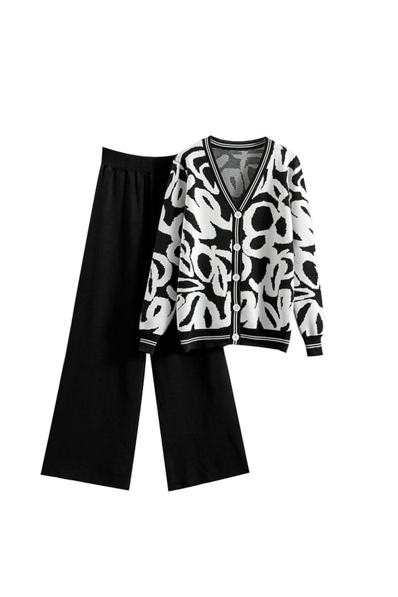 Womens 2 Piece Outfits Knit Sweater Sets Oversized Button Down Cardigan Wide Leg Pants Loungwear Print Tops Lounge Suits (Black L)
