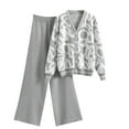 thumbnail image 1 of Womens 2 Piece Outfits Knit Sweater Sets Oversized Button Down Cardigan Wide Leg Pants Loungwear Print Tops Lounge Suits (Gray XL), 1 of 6