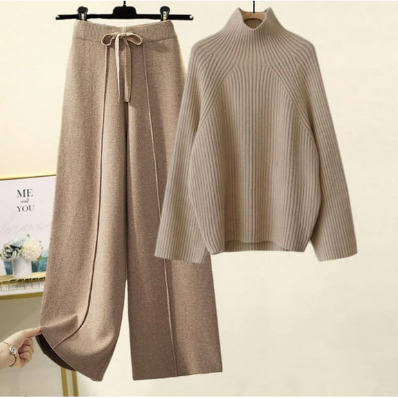 Womens 2 Piece Outfits Knitted Sweater Wide Leg Pants Set High Neck Casual Sweatsuit Lounge Wear Clothes
