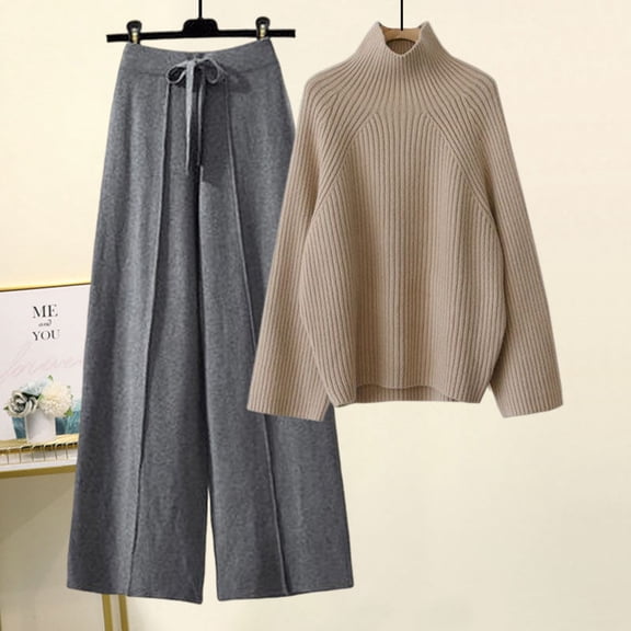 Womens 2 Piece Outfits Knitted Sweater Wide Leg Pants Set High Neck Casual Sweatsuit Lounge Wear Clothes