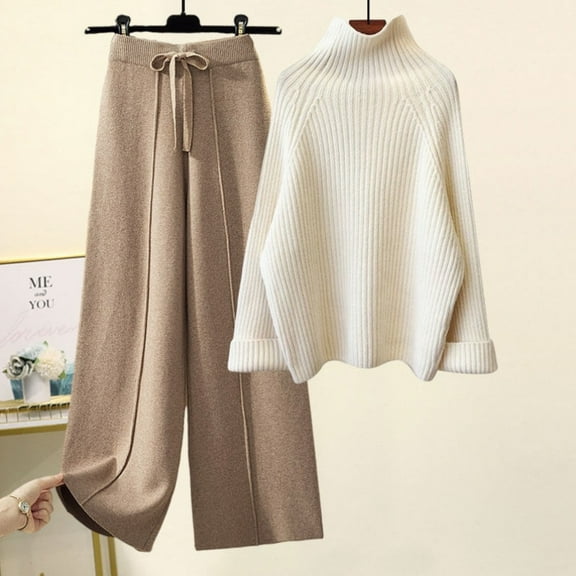 Womens 2 Piece Outfits Knitted Sweater Wide Leg Pants Set High Neck Casual Sweatsuit Lounge Wear Clothes