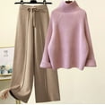 thumbnail image 1 of Womens 2 Piece Outfits Knitted Sweater Wide Leg Pants Set High Neck Casual Sweatsuit Lounge Wear Clothes, 1 of 3