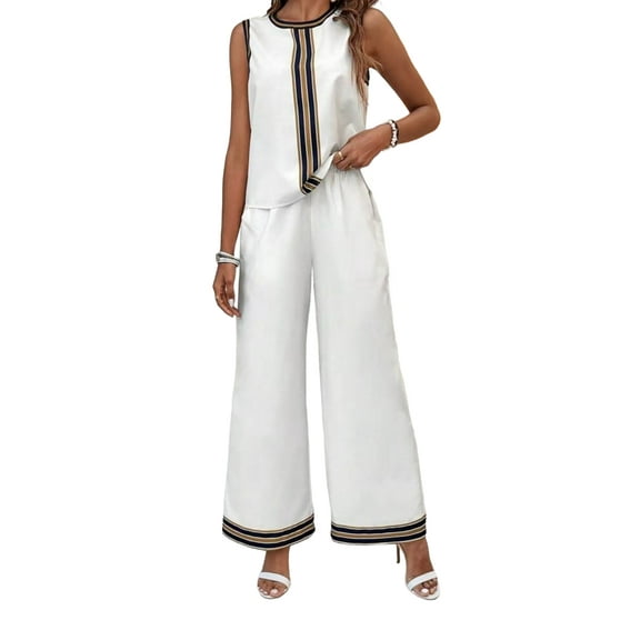 Womens 2 Piece Outfits Linen Sets Sleeveless Button Vest Wide Leg Pants Matching Lounge Set White M