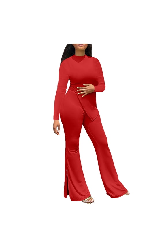 Womens 2 Piece Outfits Long Sleeve Asymmetric Top with Skinny Side Split Flare Bell Bottom Long Pants Sets Clubwear