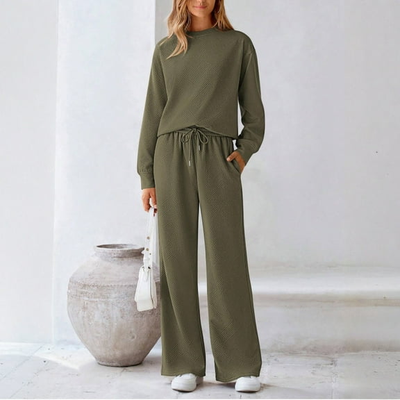 Womens 2 Piece Outfits Long Sleeve Crewneck Lounge Sets Wide Leg Pants Woman Tracksuits Loose Fit Fall Clothes Army Green L