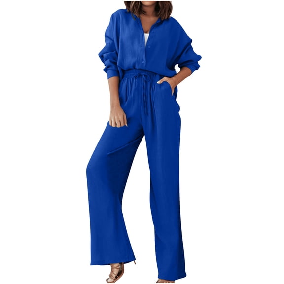 Womens 2 Piece Outfits Long Sleeve Long Pants Wide Leggings With Pockets Pants Sets Casual V Neck Shirt Loose Loungewear,Winter Sweatshirts,Size:M