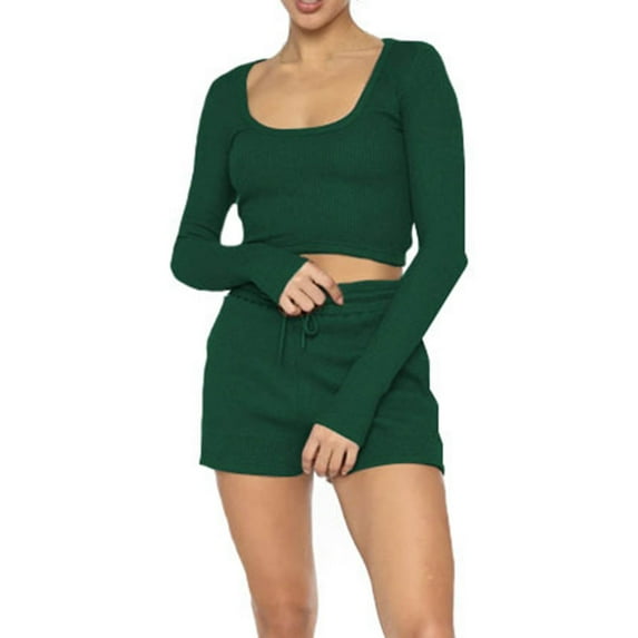Womens 2 Piece Outfits Long Sleeve U Neck Crop Top and Shorts Matching Lounge Set Loungewear Sweatsuit Pajama Set