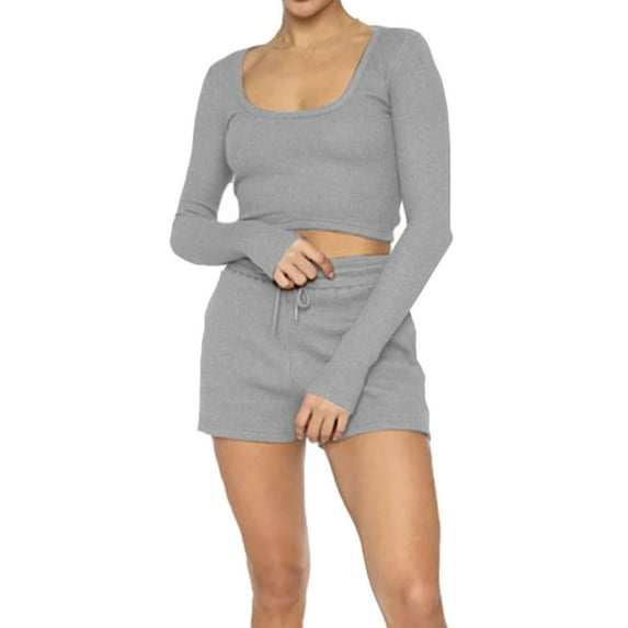 Womens 2 Piece Outfits Long Sleeve U Neck Crop Top and Shorts Matching Lounge Set Loungewear Sweatsuit Pajama Set