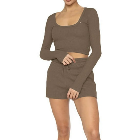 Womens 2 Piece Outfits Long Sleeve U Neck Crop Top and Shorts Matching Lounge Set Loungewear Sweatsuit Pajama Set