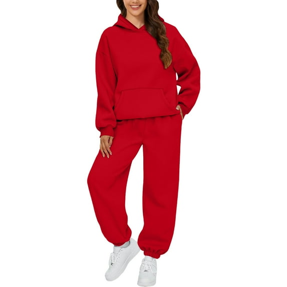 Womens 2 Piece Outfits Lounge Hoodie Sweatsuit Sets Oversized Sweatshirt Baggy Fall Comfy Sweatpants with Pockets 2025 Red S