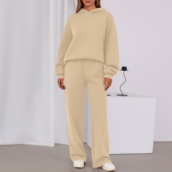 Womens 2 Piece Outfits Lounge Hoodie Sweatsuit Sets Oversized Sweatshirt Wide Leg Pant Set Tracksuit Loungewear Travel Beige S