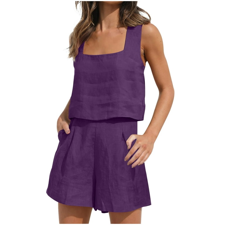 Crop Lounge Matching Shorts Two Set Piece Outfits Purple Trendy Sets M Womens Linen Summer Vacation Piece 2 Clothes Tops 2023