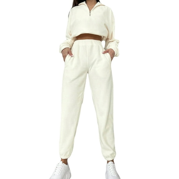 Womens 2 Piece Outfits Lounge Sets -Fleece Half Zip Pullover and Baggy Sweatpants with Pockets White M