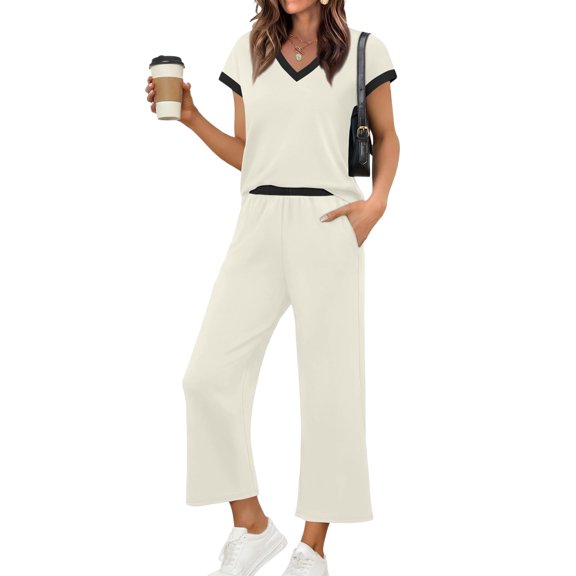 Womens 2 Piece Outfits Matching Sets Summer Outfits Resort Wear Short Sleeve Lounge Set Wide Leg Pants with Pockets