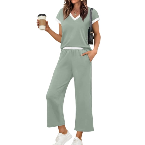Womens 2 Piece Outfits Matching Sets Summer Outfits Resort Wear Short Sleeve Lounge Set Wide Leg Pants with Pockets